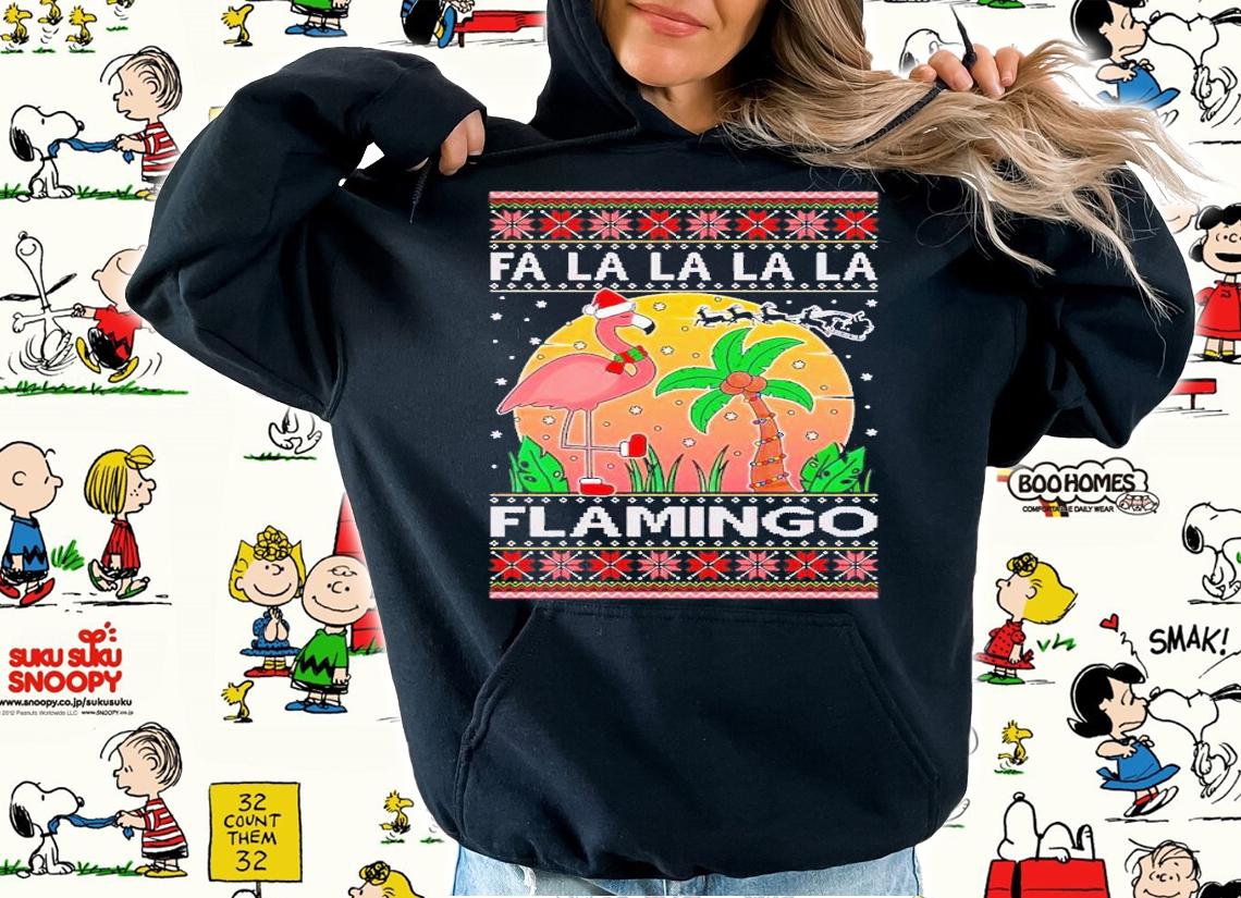 Fa La La La Mingo Pink Flamingo Santa Hat Lighting Trees Ugly Christmas shirt t-shirt hoodie