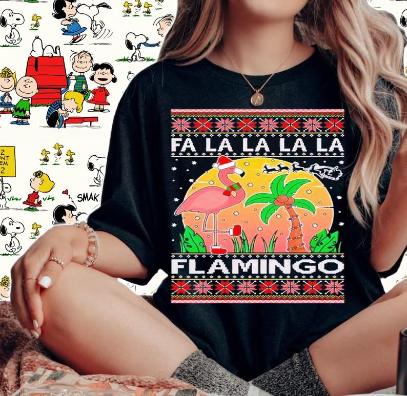 Fa La La La Mingo Pink Flamingo Santa Hat Lighting Trees Ugly Christmas shirt t-shirt woman shirt