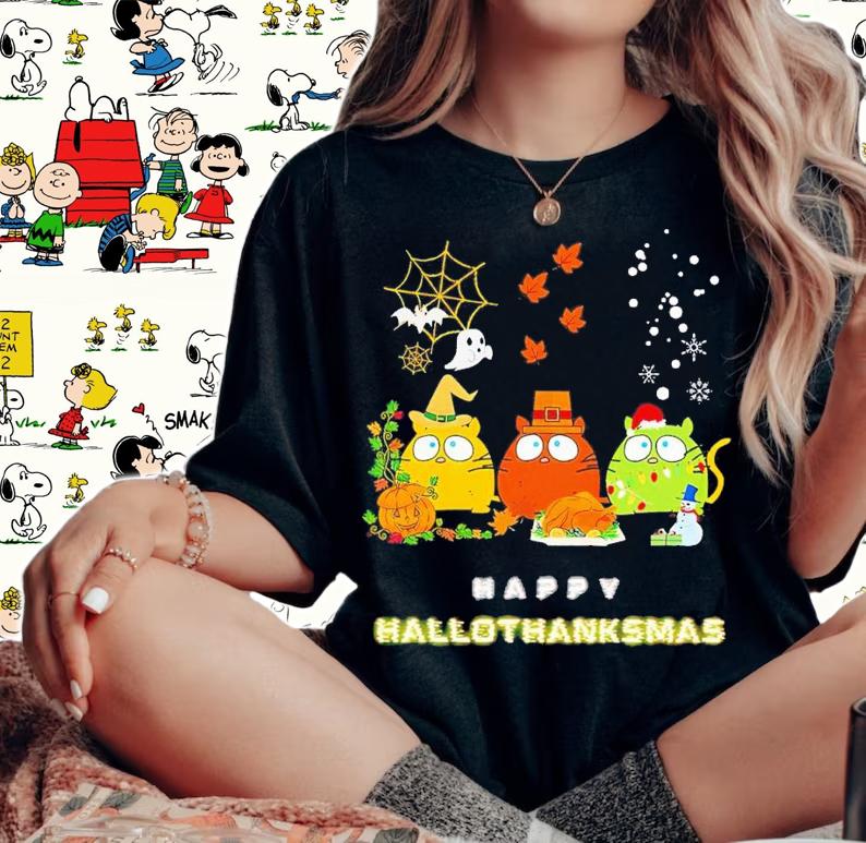 Happy Hallowthanksmas three cats shirt t-shirt woman shirt