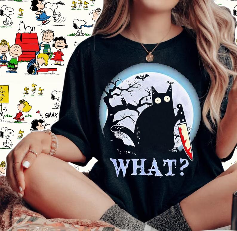 Halloween Cat What With Moon Funny Cat Knife Shirt t-shirt woman shirt