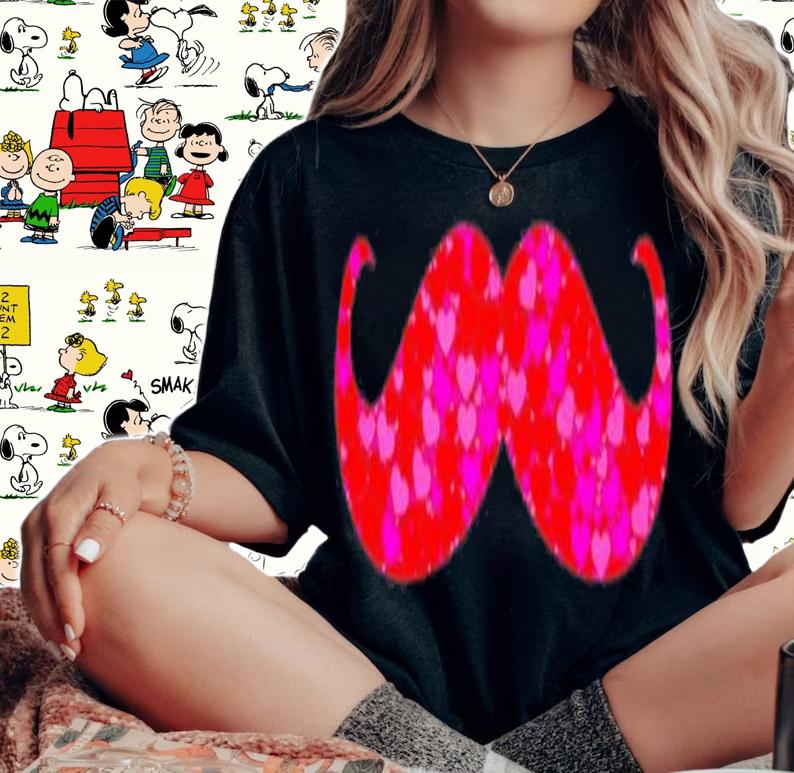 Pink Red Heart Valentines Day Gift Women Girls  Mustache T-Shirt t-shirt woman shirt