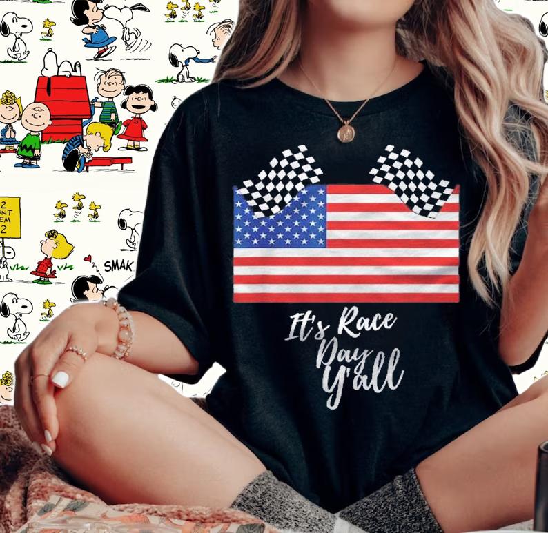 Its Race Day Yall Checkered Flag American Flag Bike Racing Shirt t-shirt
