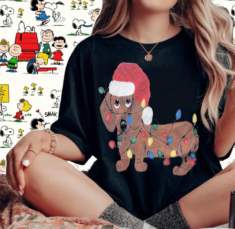 Dachshund tangled in Christmas lights T-shirt t-shirt woman shirt