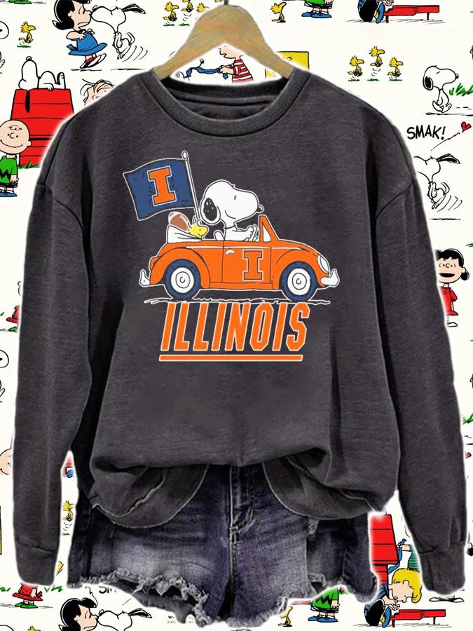 Illinois Snoopy And Woodstock Driving Car Illinois Fighting Illini Flag t-shirt