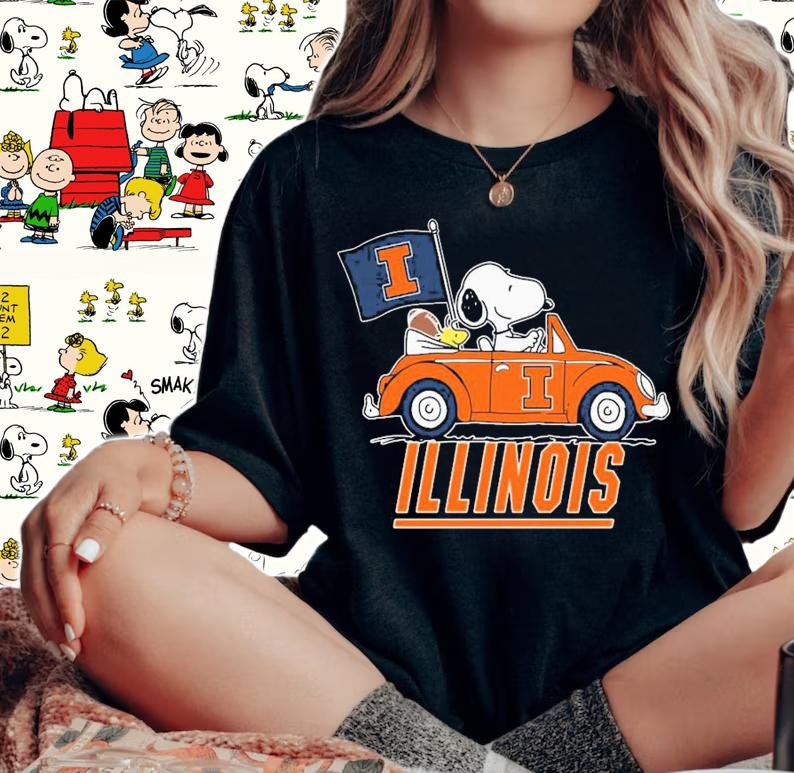 Illinois Snoopy And Woodstock Driving Car Illinois Fighting Illini Flag t-shirt