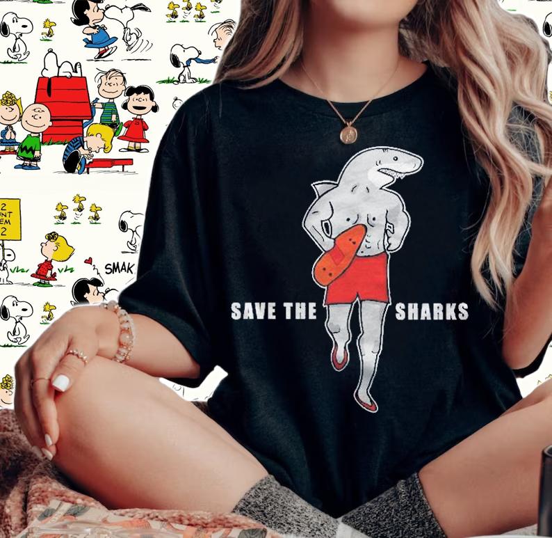 Save The Sharks Funny Lifeguard Cartoon Tee Beach Gift Shirt t-shirt