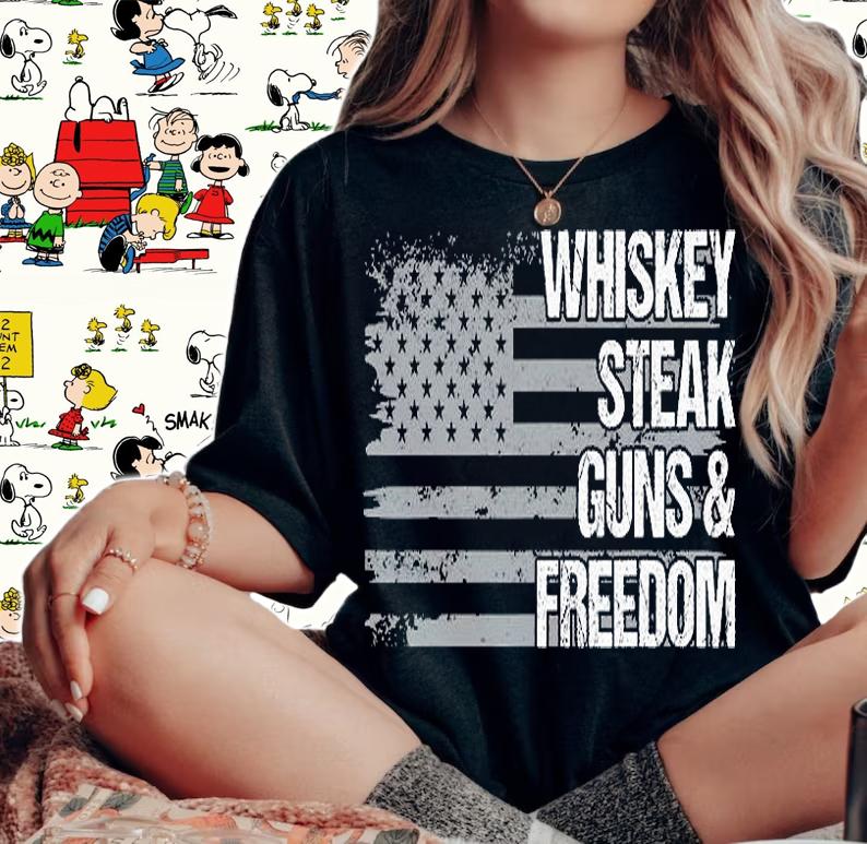 Dad Grandpa Veteran US Flag Whiskey Steak Guns Freedom T-Shirt woman shirt
