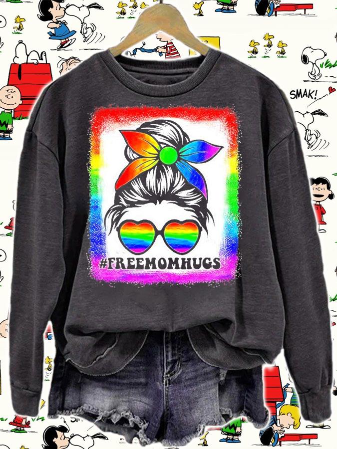 Free Mom Hugs Bleached Rainbow Messy Bun LGBT Pride T-Shirt sweatshirt