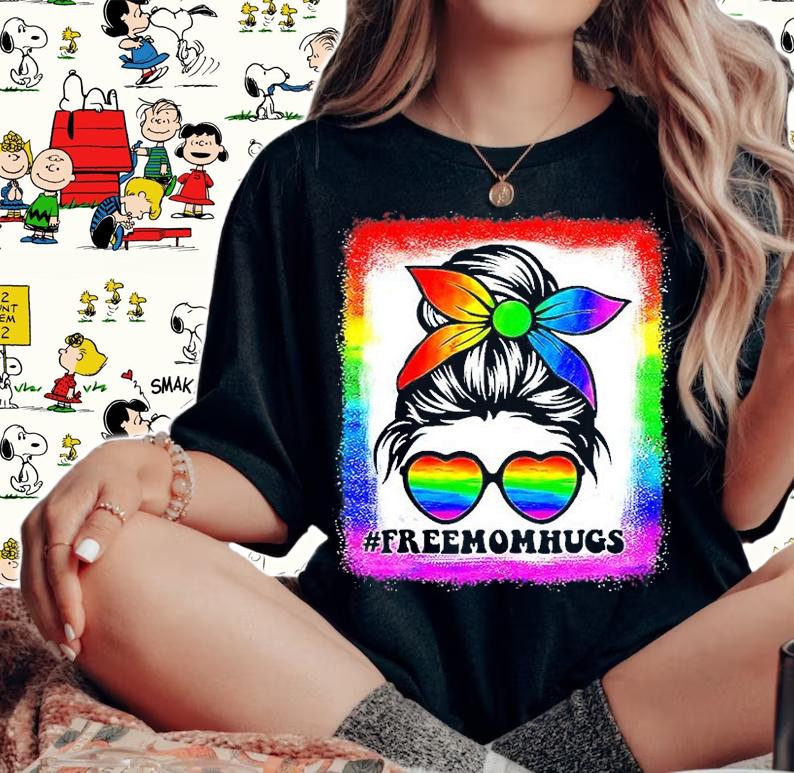 Free Mom Hugs Bleached Rainbow Messy Bun LGBT Pride T-Shirt woman shirt