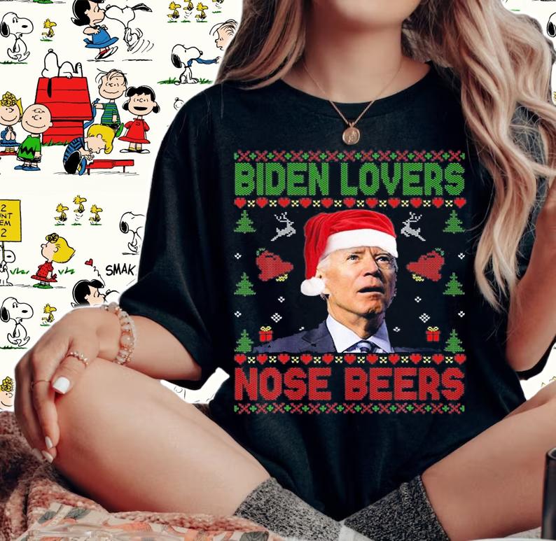 Funny Santa Biden Loves Nose Beers Christmas Ugly T-Shirt woman shirt