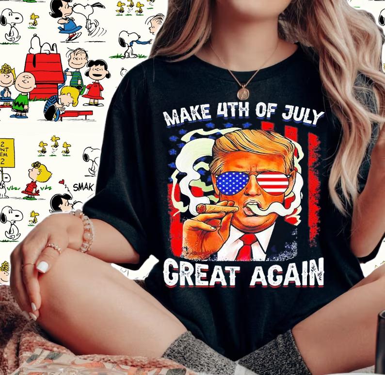 Make 4th of July Great Again USA Flag Trump Smoking T-Shirt woman shirt