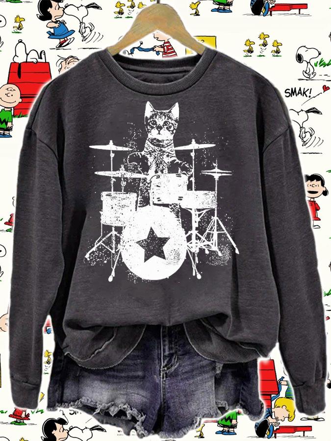 Punk Rockstar Kitten Kitty Cat Drummer Playing T-Shirt sweatshirt