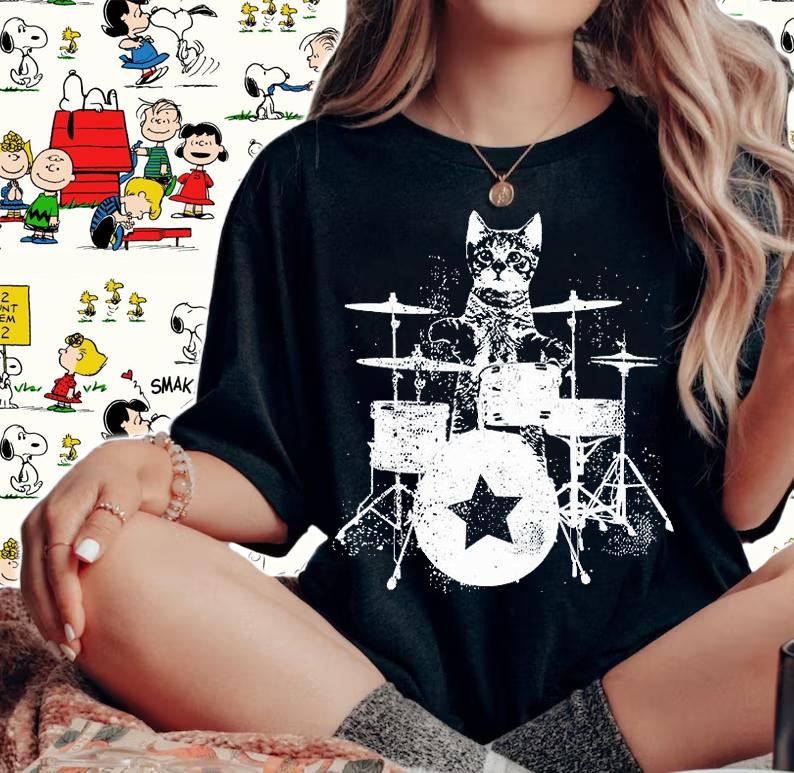 Punk Rockstar Kitten Kitty Cat Drummer Playing T-Shirt woman shirt