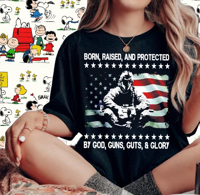 Born raised and protected by god guns guts and glory shirt woman shirt