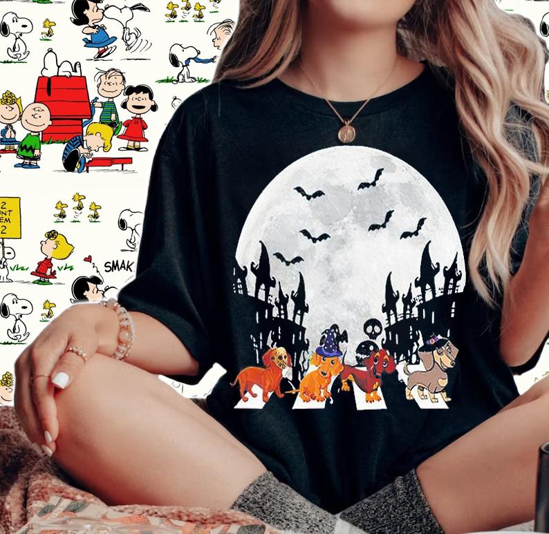 Halloween Dachshund Under The Moon, Dachshund Witch Abbey Roads T-shirt woman shirt